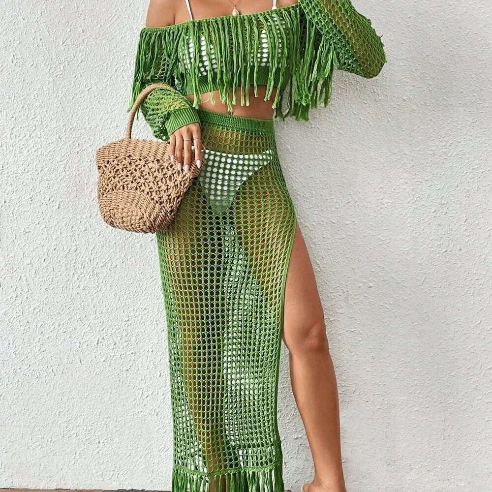 Green Sexy Women's Crochet Hollow Fringe Hem Cover Up Tops
